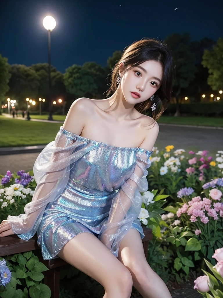 seethru, off shoulder short dress (night), iridescence, In the park under the moonlight，A beautiful girl sitting among the flowers，Surrounded by blooming flowers and fluttering butterflies。Girl&#39;s cleavage is visible，The body leans back，Support your body with your elbows，Showing an elegant and seductive posture。She has a very beautiful、Well-proportioned legs，Anatomically correct。The girl&#39;s face is delicate，Bathed in the soft moonlight，The whole scene is filled with atmospheric lighting effects。Dramatic lighting creates a cinematic atmosphere。The bright smile on the girl&#39;s face adds a touch of fantasy。