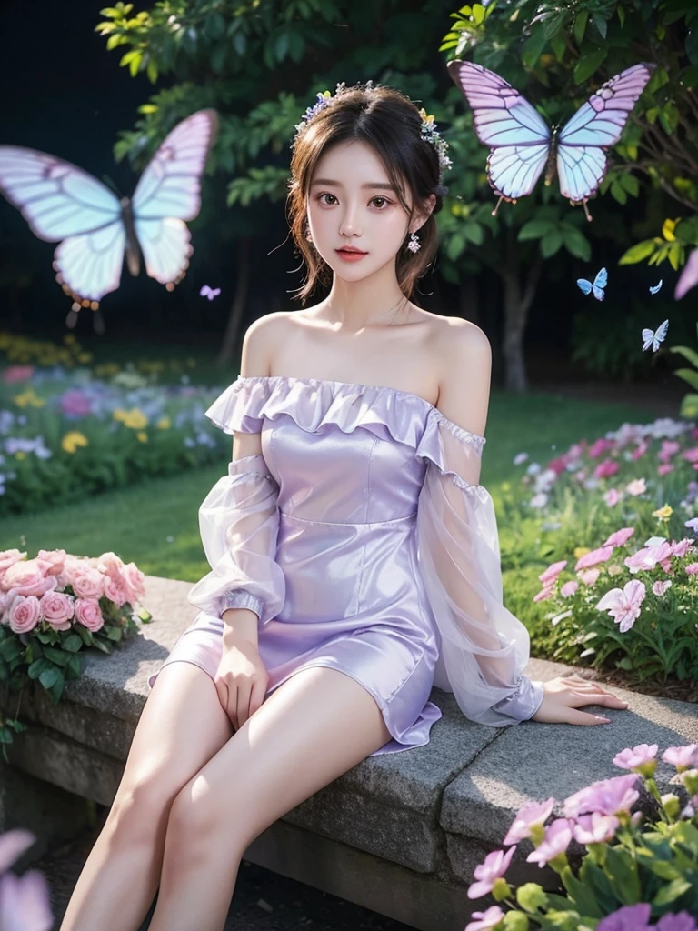 seethru, off shoulder short dress (night), iridescence, In the park under the moonlight，A beautiful girl sitting among the flowers，Surrounded by blooming flowers and fluttering butterflies。Girl&#39;s cleavage is visible，The body leans back，Support your body with your elbows，Showing an elegant and seductive posture。She has a very beautiful、Well-proportioned legs，Anatomically correct。The girl&#39;s face is delicate，Bathed in the soft moonlight，The whole scene is filled with atmospheric lighting effects。Dramatic lighting creates a cinematic atmosphere。The bright smile on the girl&#39;s face adds a touch of fantasy。