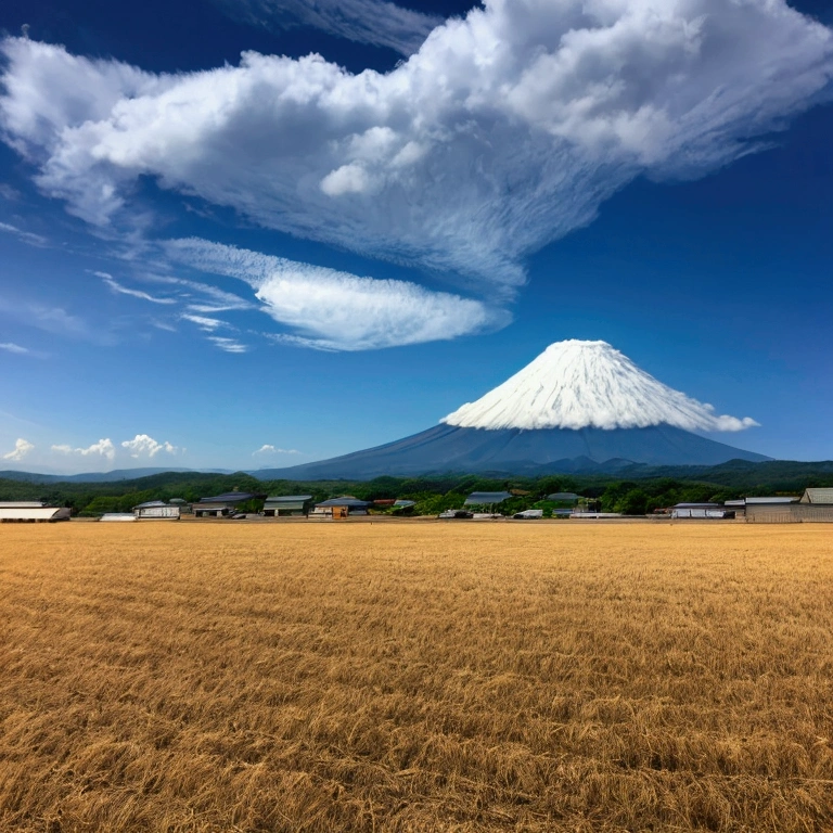 Fuji Mountain,summer,A wide, deserted plain,The wind is blowing,ulonimbus,Straw hat blown away by the wind,Blue sky,Full of happiness