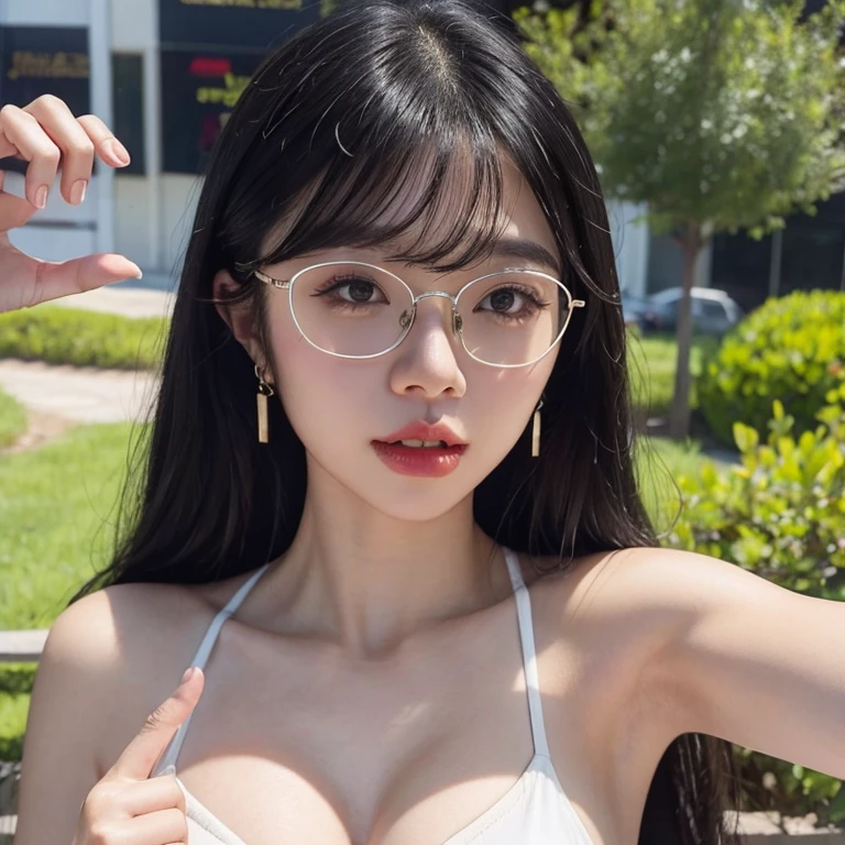 a girl，black hair, Glasses, earrings, High quality, Feminine, 8k, masterpiece, best quality, Excellent details) , (High saturation, The best shades, The best light, Extremely fine bleaching),White bikini，Perfect body，whole body，ahegao,