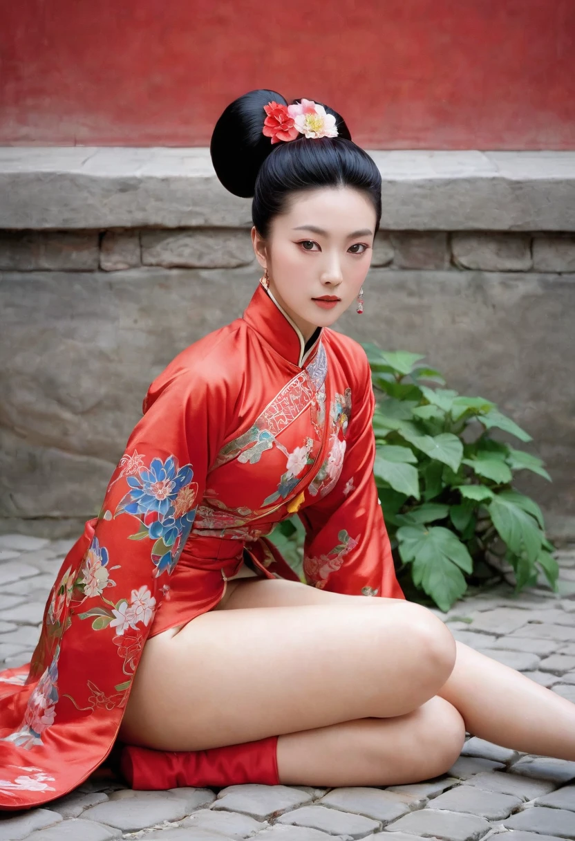 Profile photo from under the buttocks, on the cobblestones outside the Qing Dynasty palace、Empress Qing Dynasty、A nude model wearing a red Manchu outfit with a flashy floral pattern, decorated with a large, flashy flower and a hairpin, her hair tied up and pulled up, crawling on all fours and showing only her bare buttocks, with her profile visible.、