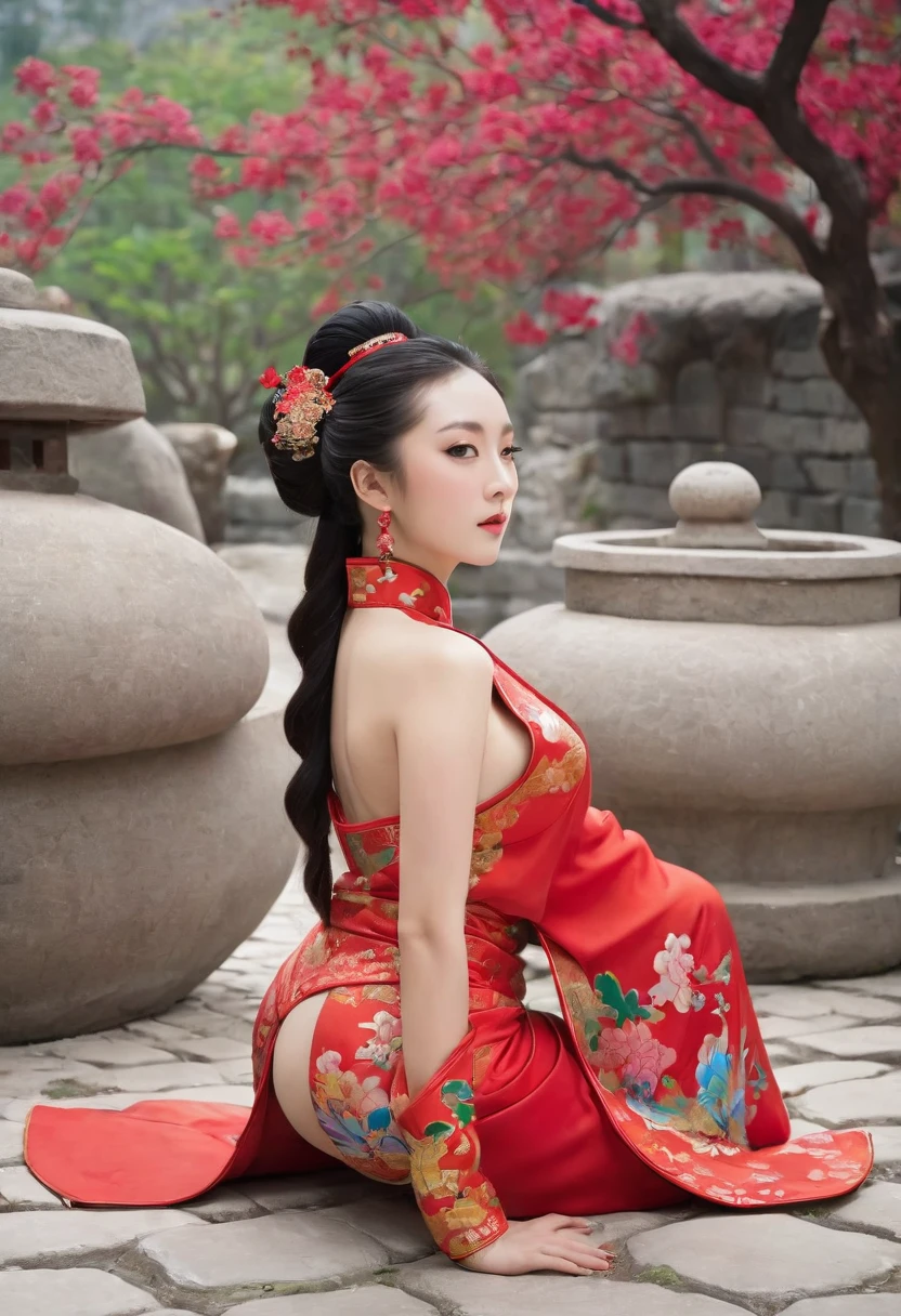 Profile photo from under the buttocks, on the cobblestones outside the Qing Dynasty palace、Empress Qing Dynasty、A nude model wearing a red Manchu outfit with a flashy floral pattern, decorated with a large, flashy flower and a hairpin, her hair tied up and pulled up, crawling on all fours and showing only her bare buttocks, with her profile visible.、