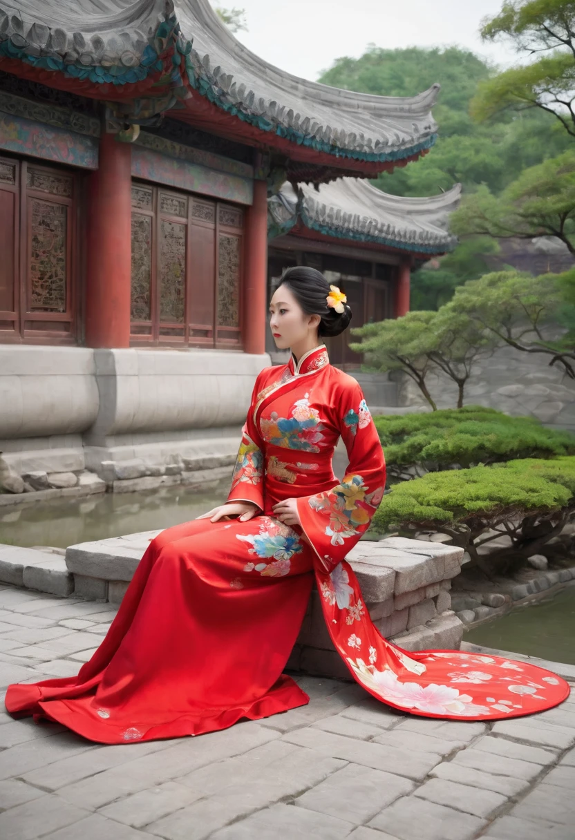 Profile photo from under the buttocks, on the cobblestones outside the Qing Dynasty palace、Empress Qing Dynasty、A nude model wearing a red Manchu outfit with a flashy floral pattern, decorated with a large, flashy flower and a hairpin, her hair tied up and pulled up, crawling on all fours and showing only her bare buttocks, with her profile visible.、