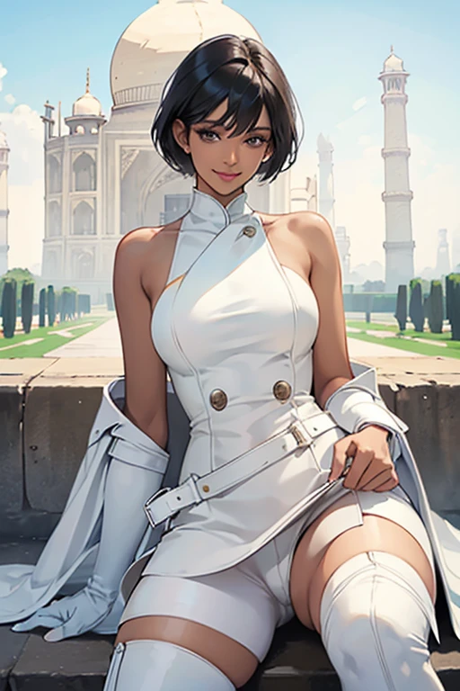 A black-haired girl smiling gently wearing a red enamel tube top, red enamel shorts, red enamel gloves, red enamel knee-high boots, and black fishnet stockings　Mount Fuji in the background