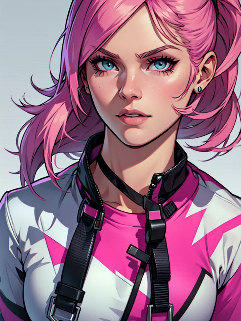 face of a female character from gta online with pink hair and los santos background