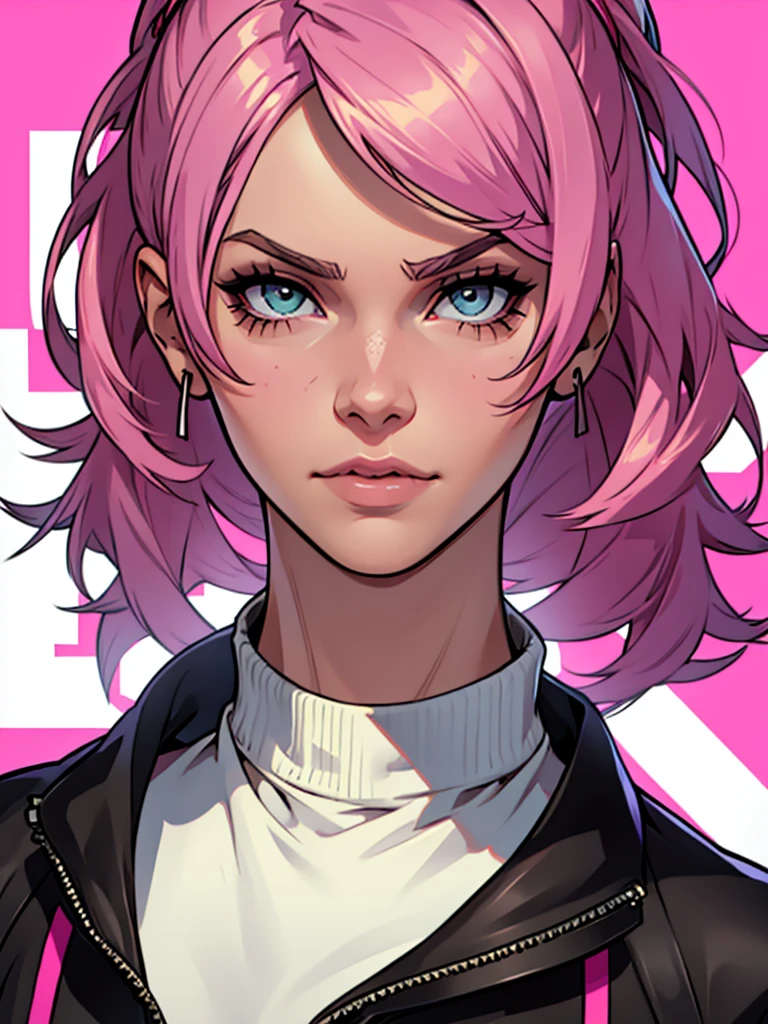 face of a female character from gta online with pink hair and los santos background