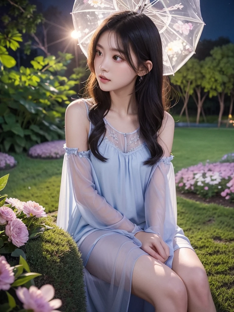 see-through, nightgown, (night), iridescence, In the park under the moonlight,A beautiful girl sitting among the flowers,Surrounded by blooming flowers and fluttering butterflies。Girl's cleavage is visible,The body leans back,Support your body with your elbows,Showing an elegant and seductive posture。She has a very beautiful、Well-proportioned legs,Anatomically correct。The girl's face is delicate,Bathed in the soft moonlight,The whole scene is filled with atmospheric lighting effects。Dramatic lighting creates a cinematic atmosphere。The bright smile on the girl's face adds a touch of fantasy。