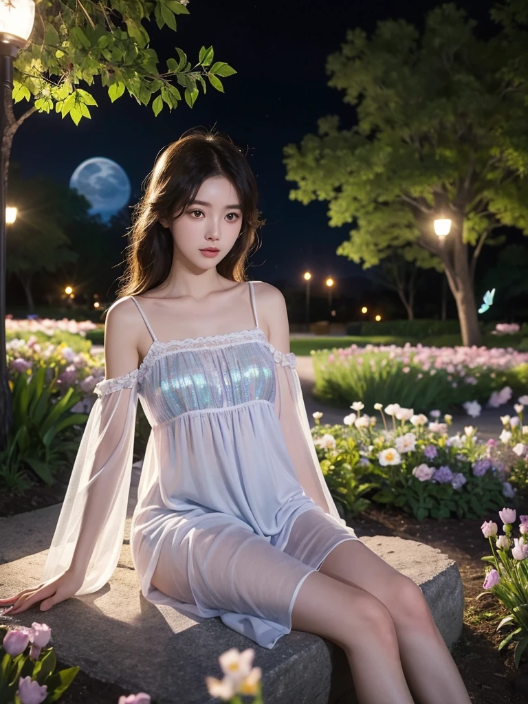 see-through, nightgown, (night), iridescence, In the park under the moonlight，A beautiful girl sitting among the flowers，Surrounded by blooming flowers and fluttering butterflies。Girl&#39;s cleavage is visible，The body leans back，Support your body with your elbows，Showing an elegant and seductive posture。She has a very beautiful、Well-proportioned legs，Anatomically correct。The girl&#39;s face is delicate，Bathed in the soft moonlight，The whole scene is filled with atmospheric lighting effects。Dramatic lighting creates a cinematic atmosphere。The bright smile on the girl&#39;s face adds a touch of fantasy。