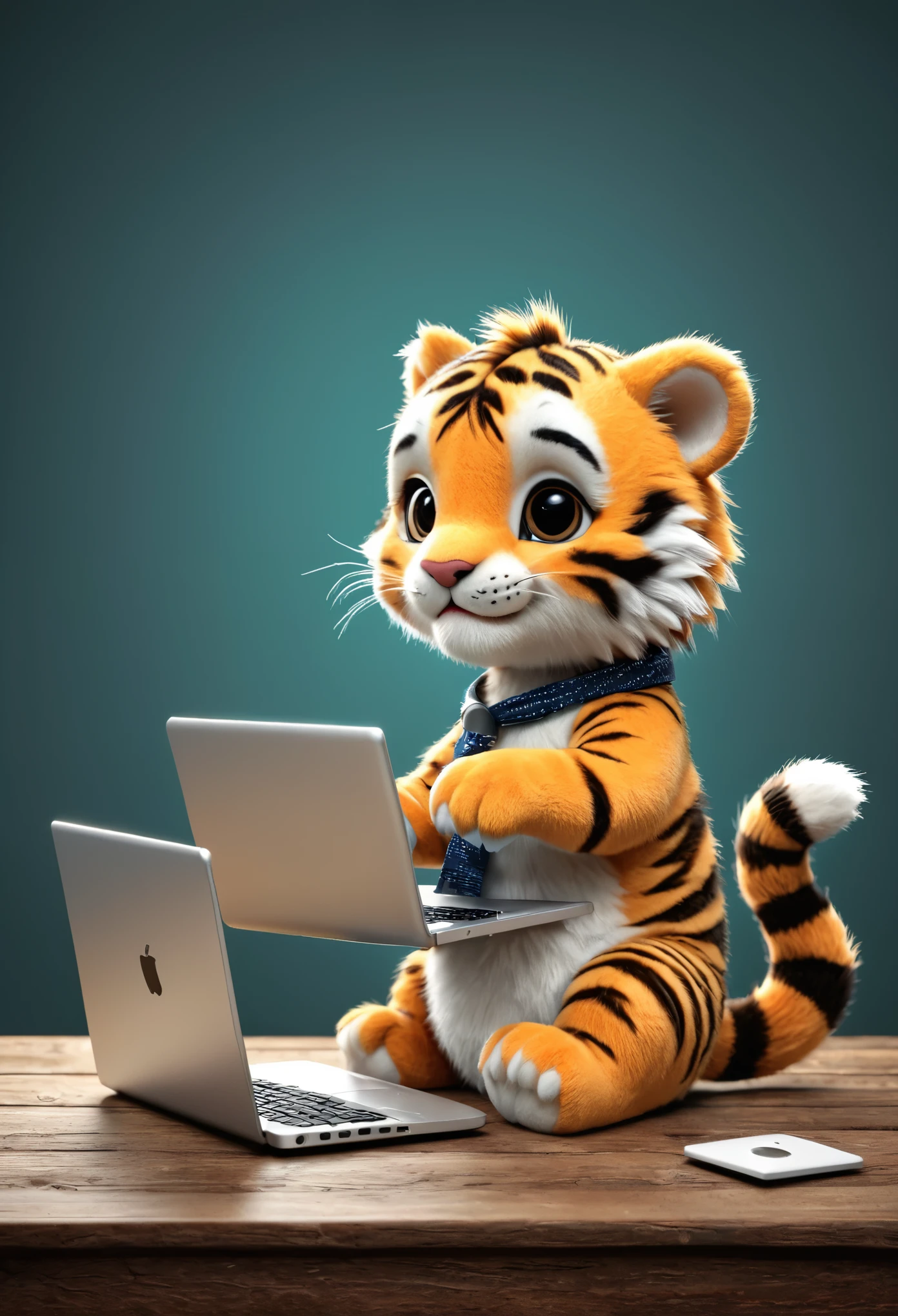 Poster Design：Cute little tiger，Furry, With laptop
