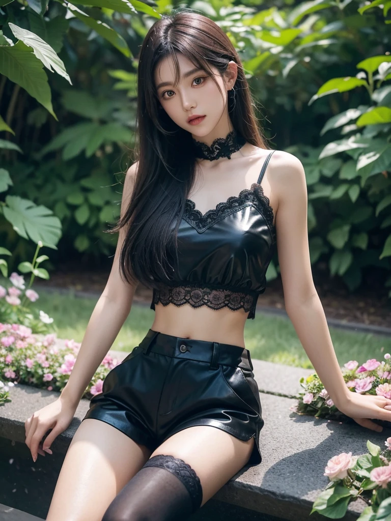 black-leather-shorts-syogi, shorts, lace, black thighhighs, see thru top, midriff (night), iridescence, In the park under the moonlight，A beautiful girl sitting among the flowers，Surrounded by blooming flowers and fluttering butterflies。Girl&#39;s cleavage is visible，The body leans back，Support your body with your elbows，Showing an elegant and seductive posture。She has a very beautiful、Well-proportioned legs，Anatomically correct。The girl&#39;s face is delicate，Bathed in the soft moonlight，The whole scene is filled with atmospheric lighting effects。Dramatic lighting creates a cinematic atmosphere。The bright smile on the girl&#39;s face adds a touch of fantasy。