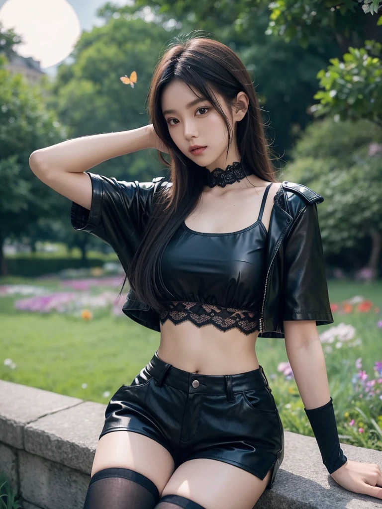 black-leather-shorts-syogi, shorts, lace, black thighhighs, see thru top, midriff (night), iridescence, In the park under the moonlight,A beautiful girl sitting among the flowers,Surrounded by blooming flowers and fluttering butterflies。Girl's cleavage is visible,The body leans back,Support your body with your elbows,Showing an elegant and seductive posture。She has a very beautiful、Well-proportioned legs,Anatomically correct。The girl's face is delicate,Bathed in the soft moonlight,The whole scene is filled with atmospheric lighting effects。Dramatic lighting creates a cinematic atmosphere。The bright smile on the girl's face adds a touch of fantasy。