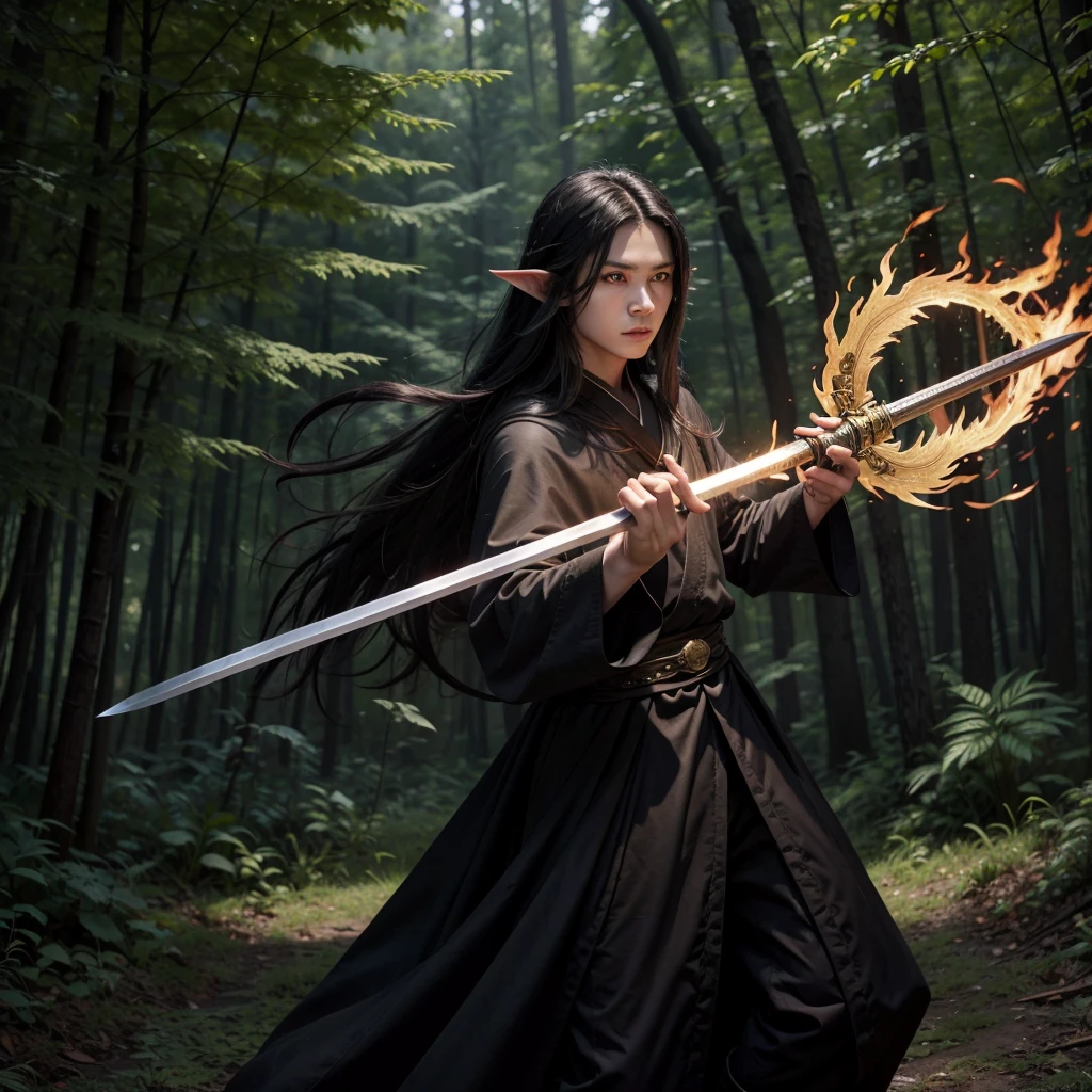 A Male Elf with Long Black Hair, Black Monk Robes, Flaming Halo, Big Golden Wings and wielding a Katana in the middle of a Forest.