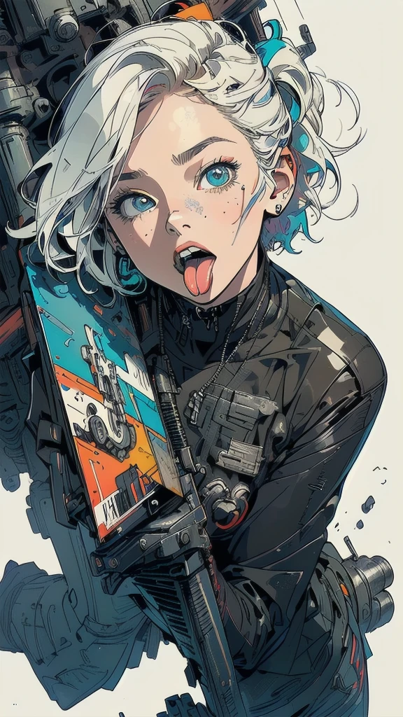 (((masterpiece, highest quality))),(((solo:1.2))),(((1girl:1.2))),32k wallpaper, very detailed, poster, vintage science fiction,(((((geometric cinematic movie poster))))), ((bauhaus)),(shape),(((abstract))),(mid century modern),(((((portfolio))))),(((((Close-up))))),(((((bust up))))),((((more various angle)))),((((highlight)))),((((heterochromia)))),(((complete. detailed face))),((((Extremely talented)))),(((((most complecated futristic machine))))),(Colorful color scheme),(((detailed unlimited complete equipment : helmet like a rail gun))),(((((Absolutely simple background))))),(((Texture for people : grunge))),(((((Open your mouth wide))))),(((((Stick your tongue out as much as possible)))))