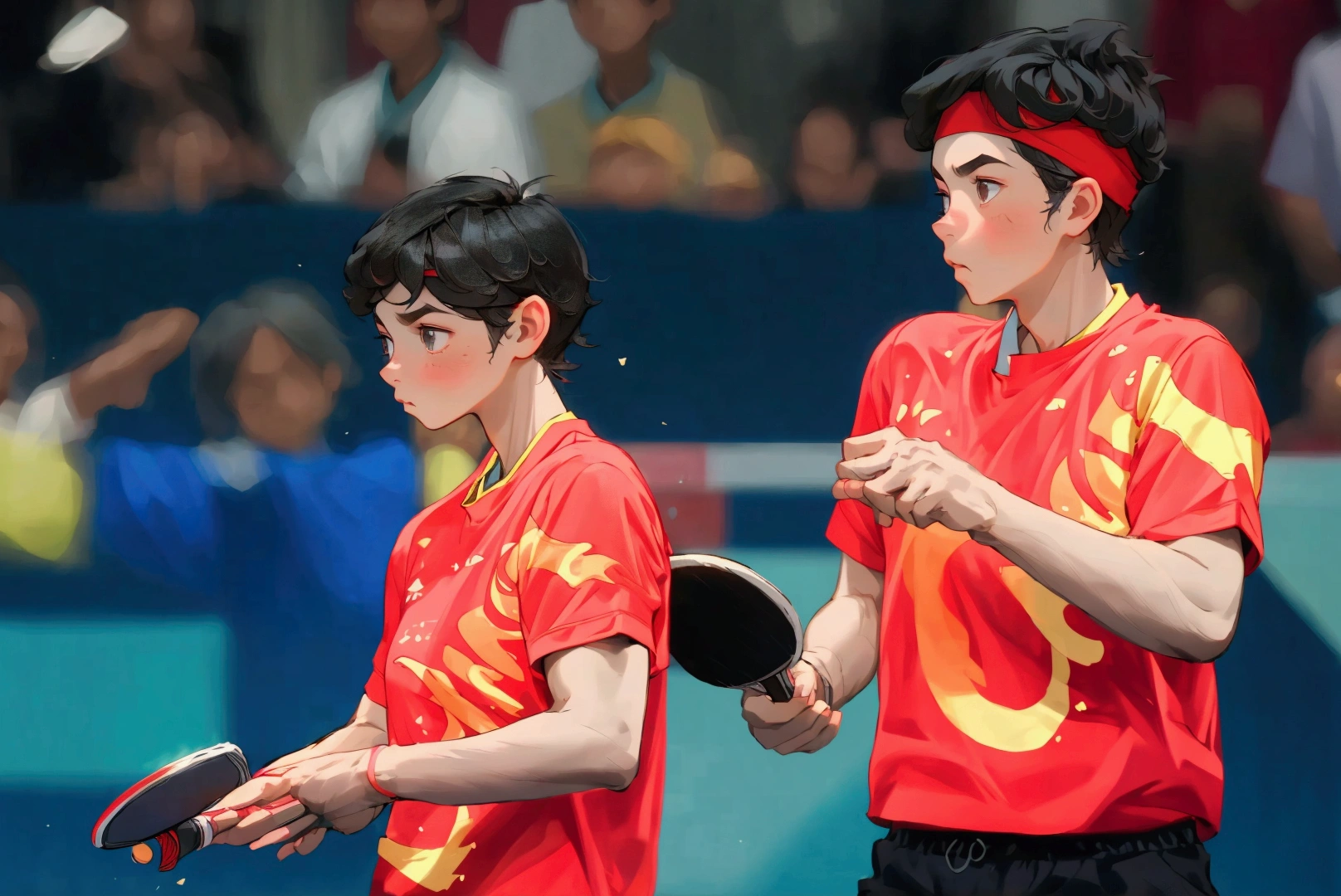 Two people on the court,Cute girl with short hair,Man wearing a headband,Delicate face,Wearing red T-shirt sportswear,Black sports shorts,Hand holding table tennis racket,Olympic Games Photos,China