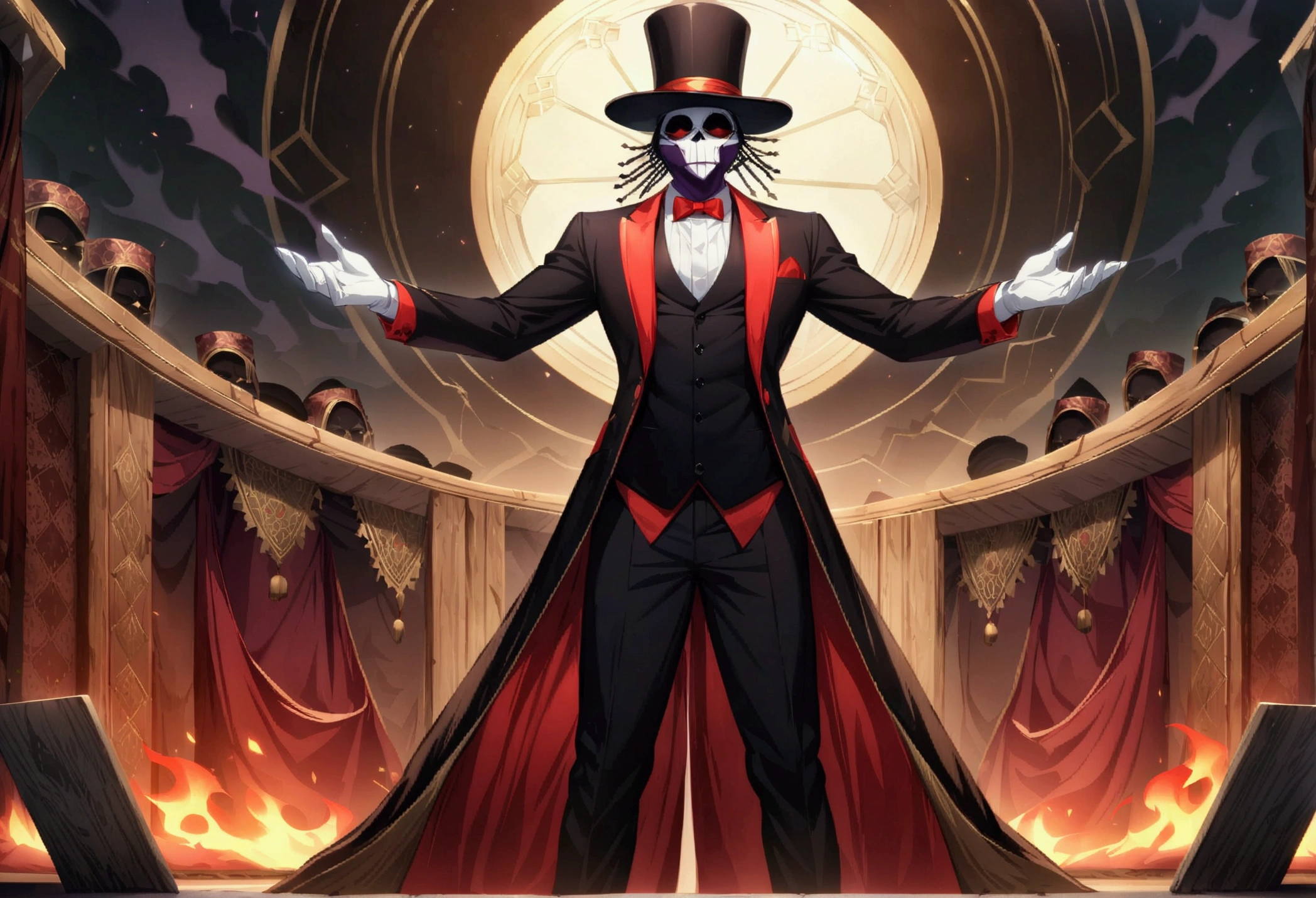 (((BARON SAMEDI))) best quality, ultra-high resolution, 4K detailed CG, masterpiece, man, formal wear, top hat, voodoo mythology, ((standing pose)), African aesthetic, centered screen