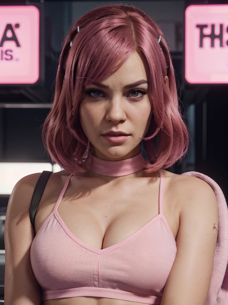 face of a female character from gta online with pink hair and los santos background