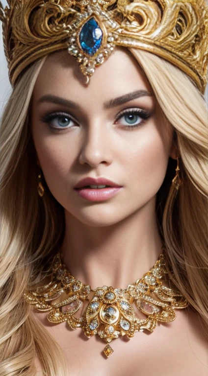 absurd, ultra detailed, high quality, masterpiece,  detailed face, beautiful eyes(detailed eyes), Greek mythology, goddess, Hera , queen of the gods, amazing and exciting, features are classically beautiful, with high cheekbones, Ideally proportioned face, the eyes are depicted as large and charming, keep a close gaze, Golden hair , Gole hair is voluminous and flowing., rolls down her back in waves , wear elegant clothes, decorated with intricate patterns. , Her beauty is not just superficial, she embodies the essence of strength., power, and kingdom.