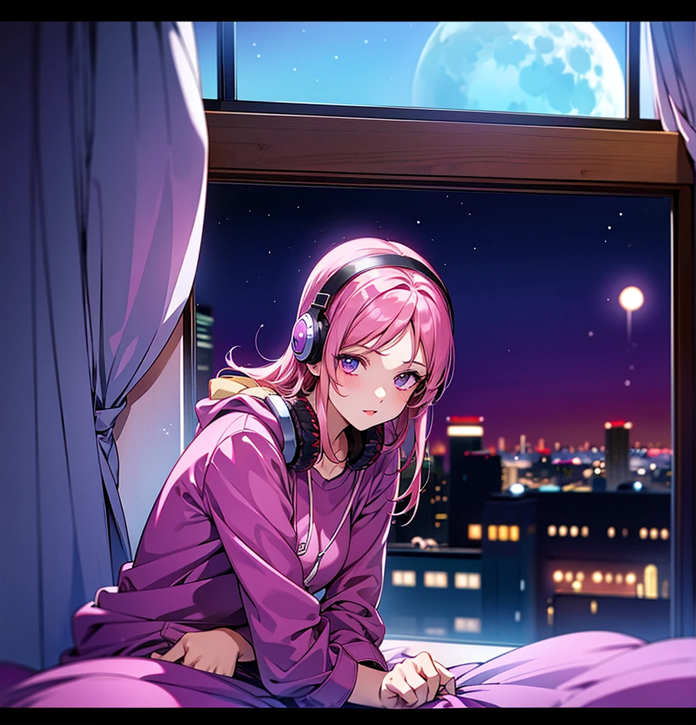 1 girl, 90s anime style, night, Studio Room, moon, Girl wearing headphones, late night room, Listening to music alone, City Pop,Lo-Fi, Chill, late night, Single room, Dark Room, futuristic night view outside the window, Dark Room,Warm lighting