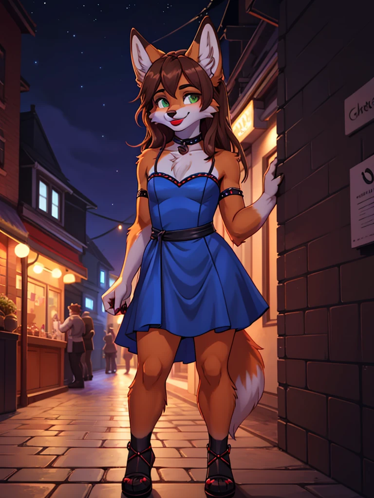 Best quality, furry male fox with green eyes, with brown long hair, with black spout, with red lipstick on lips, big lips, in a blue dress, crossdressing, smiles sweetly, shy, holds his hand on his waist, stands seductively against the backdrop of the night street 