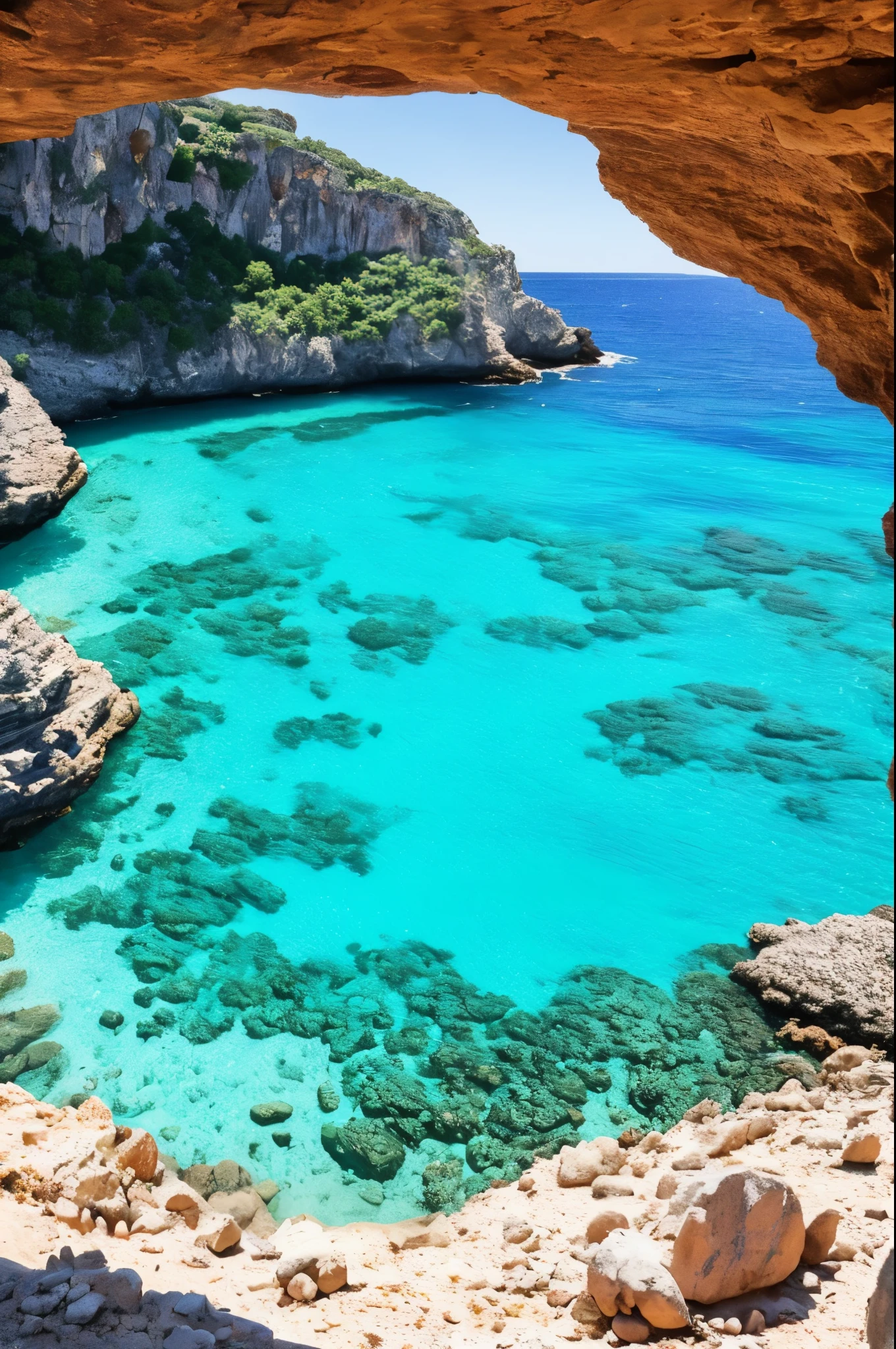 arafed view of a rocky cliff and clear blue water, a picture by Alexis Grimou, unsplash, les nabis, turquoise water, view from the sea, island with cave, puddles of turquoise water, blue waters, turquoise ocean, red sea, incredibly beautiful, azure blue water, clear blue water, white stone arches, cyprus