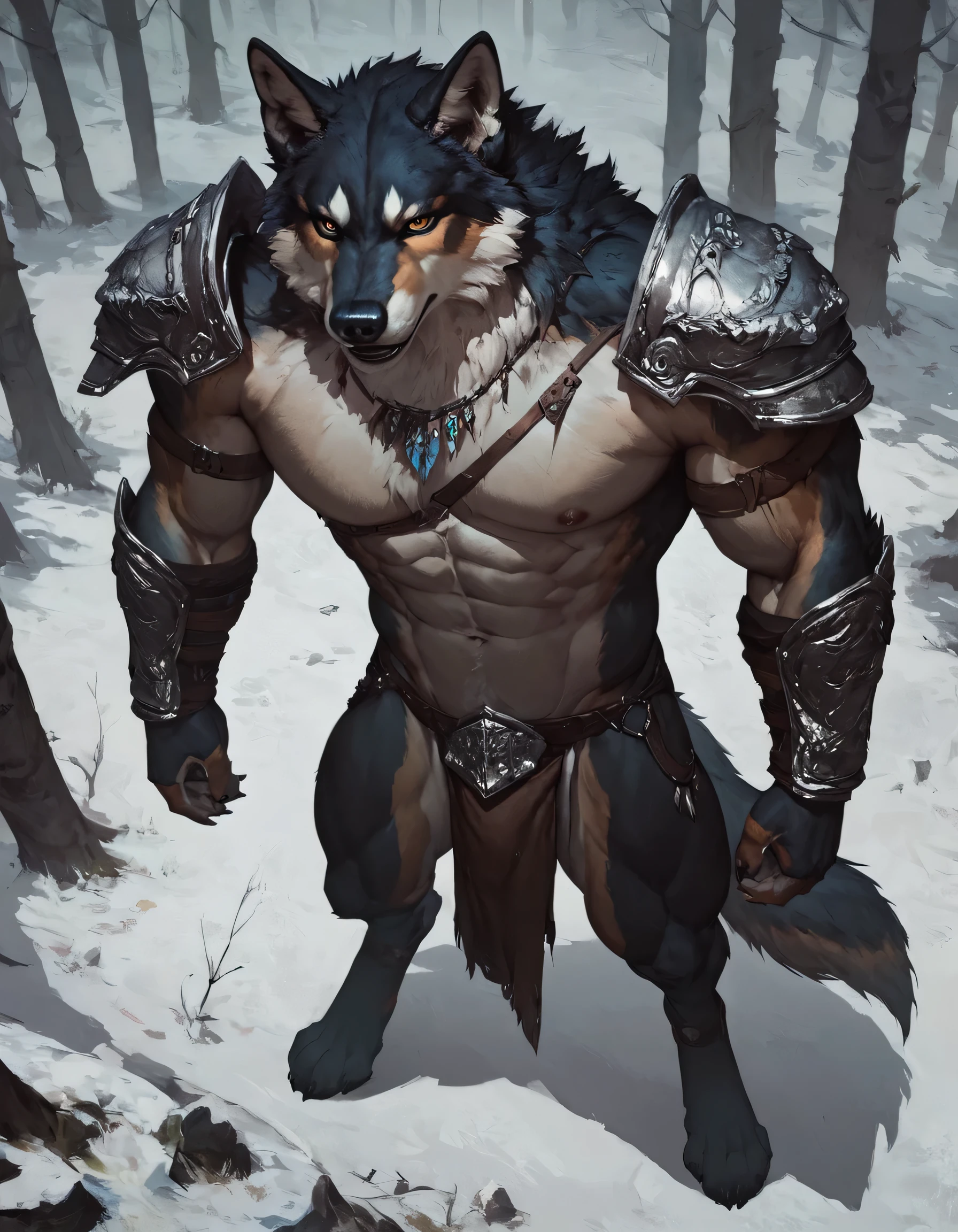 score_9, score_8_above, score_7_above, score_6_above,(alone), paint wolves den, Proud and serious expression, loincloth, muscular, standing, armor, digitigrade, black wolf warrior, forest, by the width, conceptual art, dark environment, topless squat