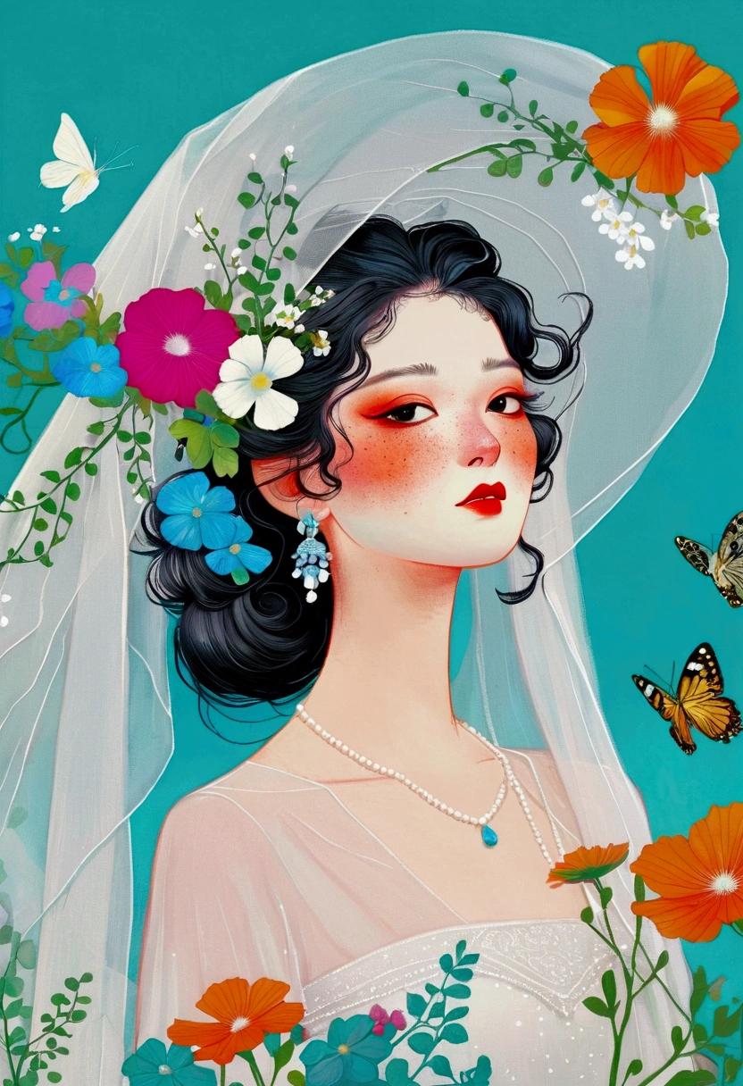 There is a woman wearing a veil，Flowers on the veil, dignified, Inspired by jeonseok lee, artwork in the style of Gu Weiss, Beeple 和 Jeremiah Ketner, Gu Weiss, Elegant Flower Punk, Beauvot Art Style, Fantastic Art, 🌺 CG Society, White transparent veil, Dreamy and detailed