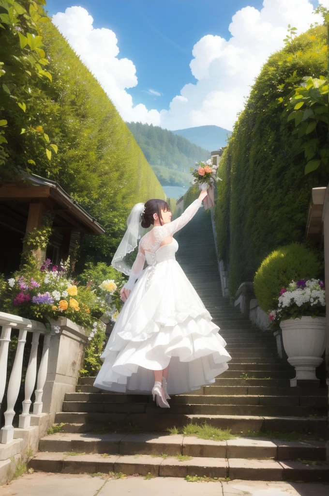 Wedding dress, climbing up, 1girl, solo, puffy sleeves, 