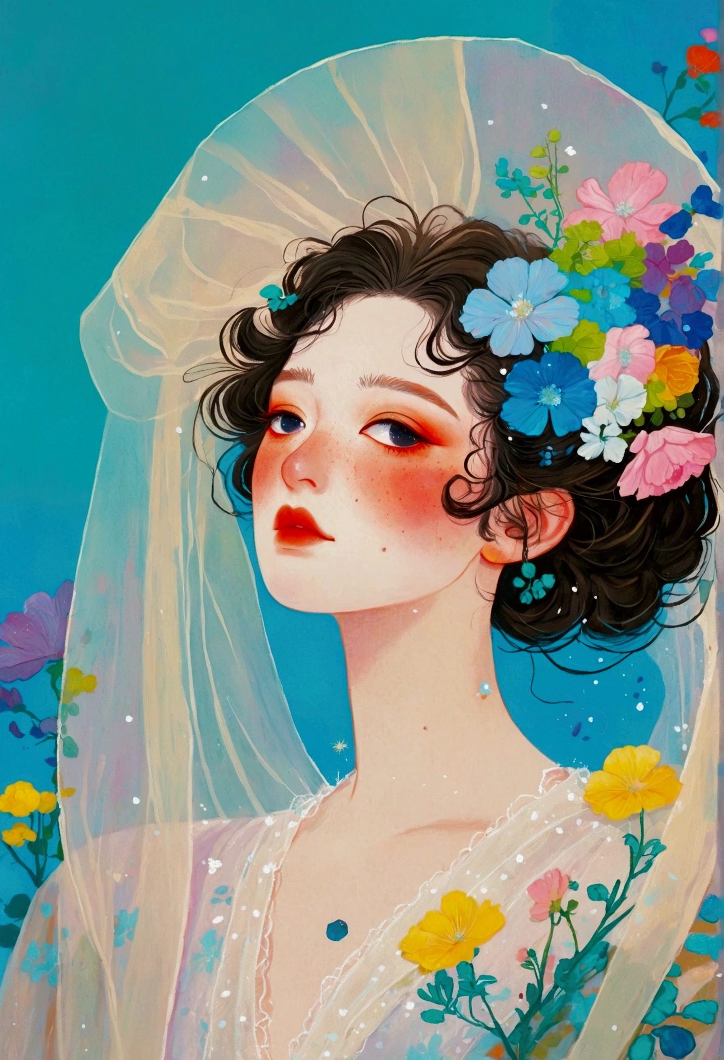 There is a woman wearing a veil，Flowers on the veil, A detailed painting inspired by jeonseok lee, tumblr, Fantasy Art, dignified, artwork in the style of Gu Weiss, Beeple 和 Jeremiah Ketner, Gu Weiss, Beauvot Art Style, Elegant Flower Punk, Fantastic Art, 🌺 CG Society