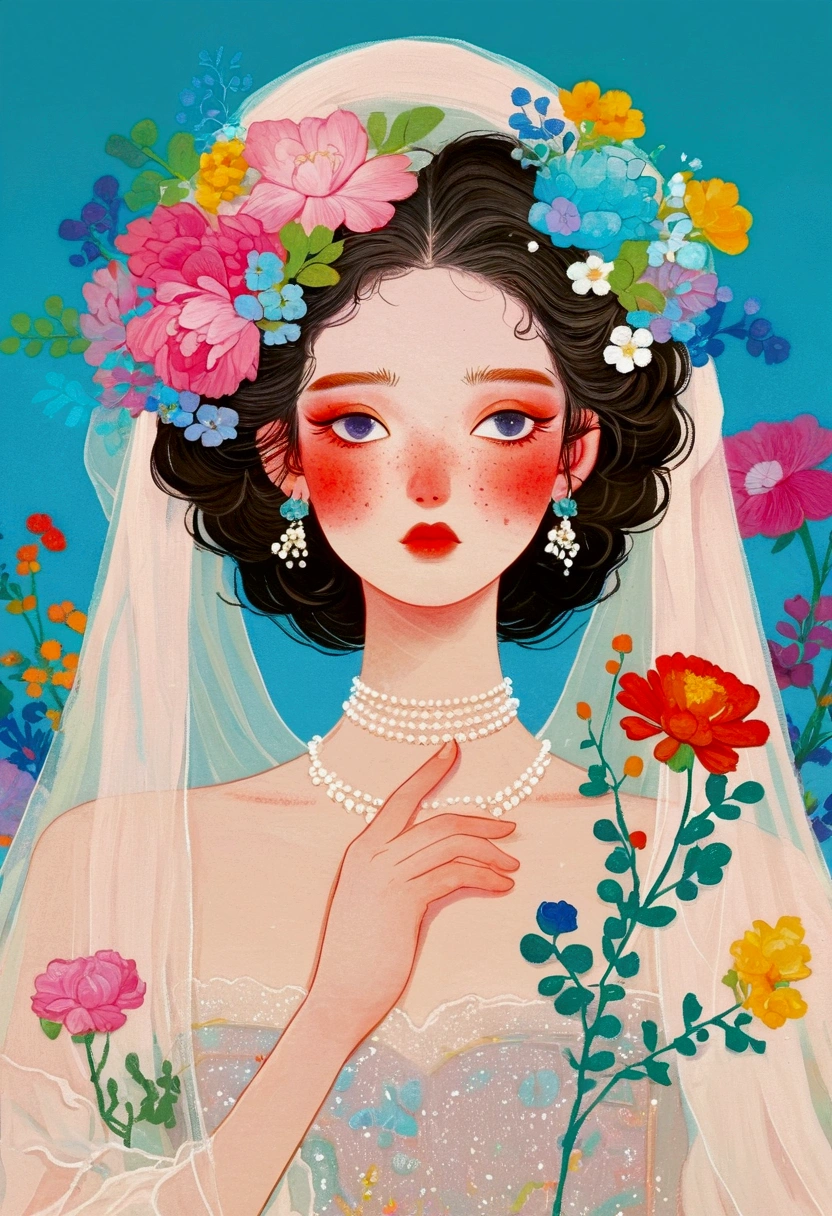 There is a woman wearing a veil，Flowers on the veil, A detailed painting inspired by jeonseok lee, tumblr, Fantasy Art, dignified, artwork in the style of Gu Weiss, Beeple 和 Jeremiah Ketner, Gu Weiss, Beauvot Art Style, Elegant Flower Punk, Fantastic Art, 🌺 CG Society