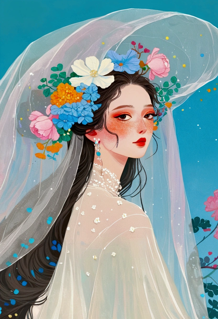 There is a woman wearing a veil，Flowers on the veil, dignified, Inspired by jeonseok lee, artwork in the style of Gu Weiss, Beeple 和 Jeremiah Ketner, Gu Weiss, Elegant Flower Punk, Beauvot Art Style, Fantastic Art, 🌺 CG Society, White transparent veil, Dreamy and detailed