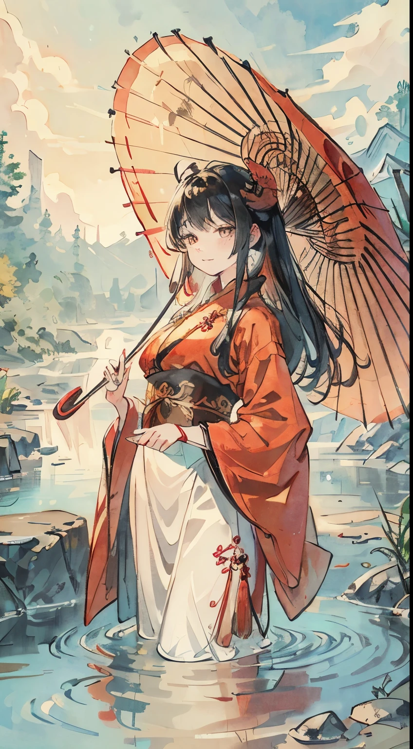 One girl, Secondary elements, Traditional Chinese Painting, Watercolor, solo, Chinese Girl, Full Body Lesbian, Beautiful Face,Large Eyes,Long eyelashes,Cute smile, Red feather face, Hyper HD, High resolution, Quiet woman, ((Oiled paper umbrella in one hand)), Wearing Hanfu, There is a golden coat on his head, Impressionist, Multicolored Hair, Colored Hair,The color of loving veins, Thinking of a lover far away, Your toes are above water,You can splash around in the water at your feet., ((By the stream)), Like the whole body, silhouette, Anime Style, Depth of written boundary, Multiple monochrome, Anaglyph, Backlighting, Negative Space, masterpiece, Accurate, 16K, Super Detail, Attention to detail, high quality, Textured skin