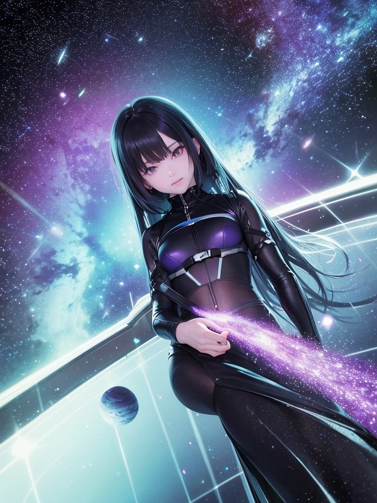 Space has beautiful stars and black holes, black, purple, blue, green.