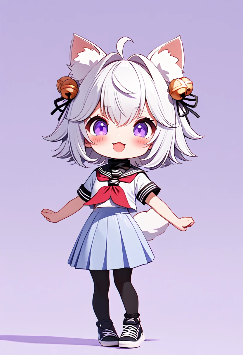 master piece, best quality, ultra-detailed, illustration, 1girl, solo, chibi, (big head:1.5), cute pose, flying pose, front view, looking at viewer. Filiansailor, ((purple hairclip)), hair bell, white hair, short hair, cat ears, ahoge, purple eyes, blush, laughing, fluffy tail, serafuku, black turtleneck, short sleeve, red neckerchief, blue skirt, black stockings, sneaker shoes, ((simple background)),