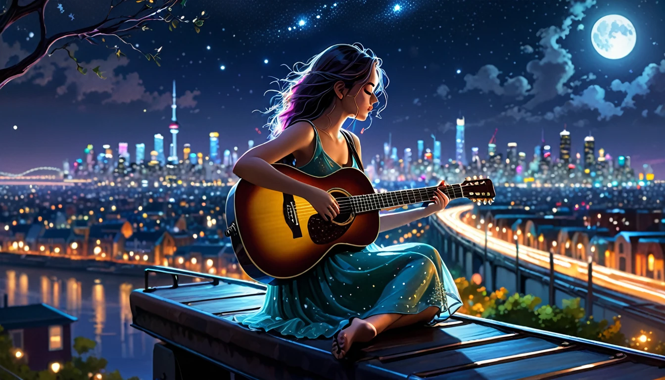 (best quality,4k,8k,highres,masterpiece:1.2),uma girl sitting alone in the night with her guitar facing away from the camera, looking towards a brightly lit city at night, with a train on the horizon,ultra-detailed,realistic:1.37,portraits,illustration,painting,,tranquil,melancholic,dark colors,moody lighting,colorful city lights,musical talent,romantic atmosphere,serene night sky,peaceful ambiance,softly lit,captivating scenery,expressive eyes,hair blowing in the wind,vibrant metropolitan view,emotive melodies,surreal urban landscape,shining stars,silhouetted trees,ethereal moonlight,ambient vibes,dreamy ambiance,detailed guitar strings,nighttime adventures,luminous cityscape,melodies echoing through the empty streets,melancholy melodies filling the air.