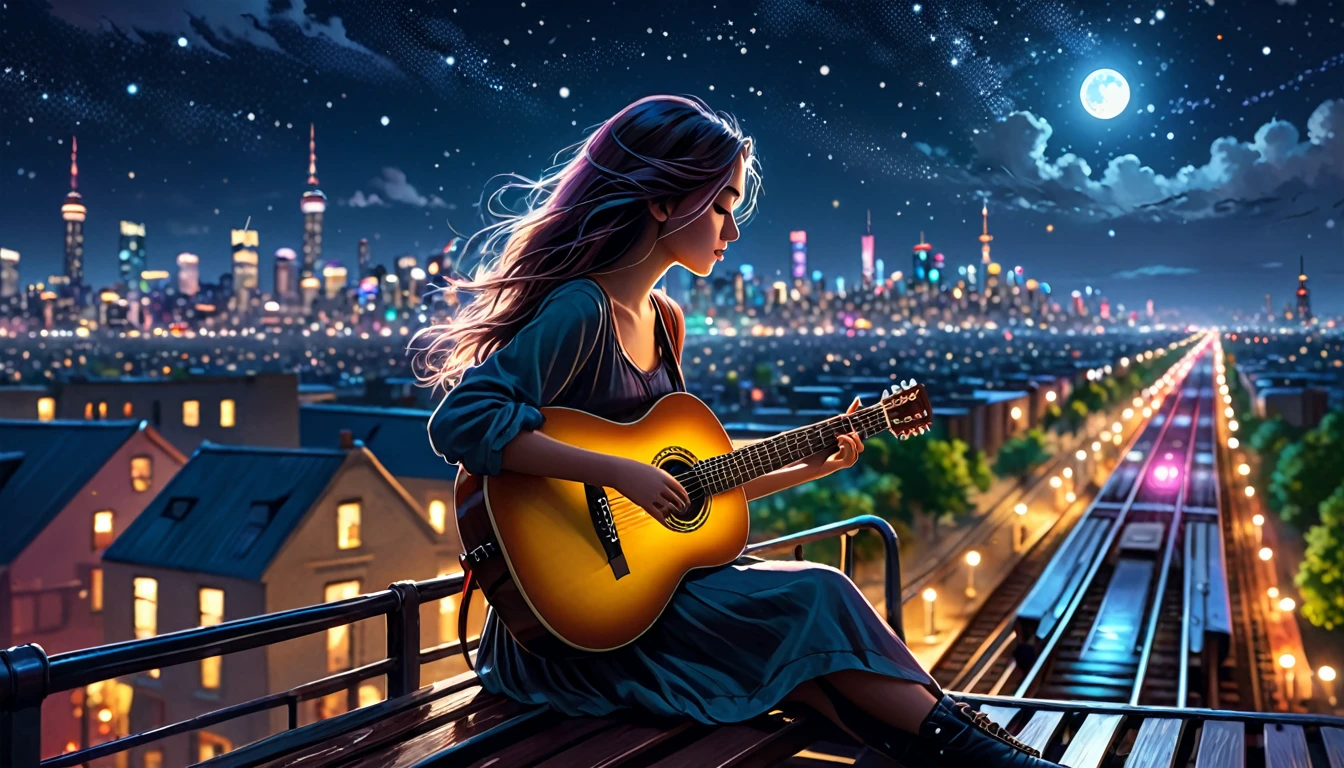 (best quality,4k,8k,highres,masterpiece:1.2),uma girl sitting alone in the night with her guitar facing away from the camera, looking towards a brightly lit city at night, with a train on the horizon,ultra-detailed,realistic:1.37,portraits,illustration,painting,,tranquil,melancholic,dark colors,moody lighting,colorful city lights,musical talent,romantic atmosphere,serene night sky,peaceful ambiance,softly lit,captivating scenery,expressive eyes,hair blowing in the wind,vibrant metropolitan view,emotive melodies,surreal urban landscape,shining stars,silhouetted trees,ethereal moonlight,ambient vibes,dreamy ambiance,detailed guitar strings,nighttime adventures,luminous cityscape,melodies echoing through the empty streets,melancholy melodies filling the air.