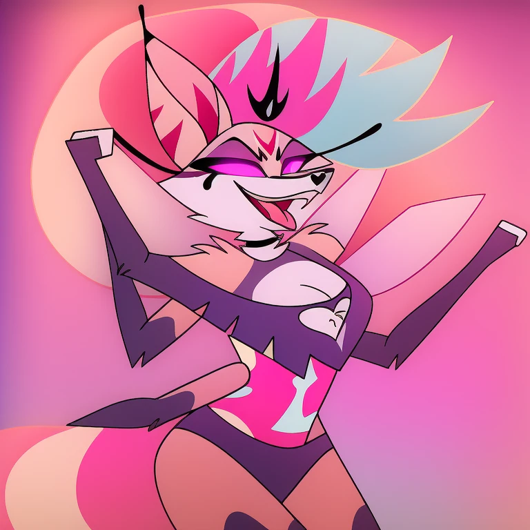 (masterpiece, best quality:1.2), Queen Bee female hellhound, wolf, furry, helluva boss, hypnotized with glowing purple eyes, tongue out, tribal clothes, dancing ridiculously