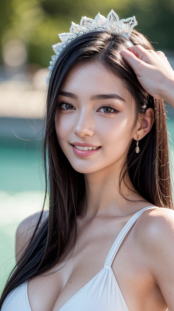 masterpiece, Highest quality, Very detailed, One girl,20 year old girl,Beautiful attention to detail, Clear Eyes,Almond Eye,Parallel eyebrows,Straight nose,Beautiful Face,Beautiful double eyelids,Delicate eyelashes,View your viewers,A beautifully detailed face,Neat and beautiful,Pale skin,Clear skin,Clean and fresh,Close-up of face,High resolution, Gaze, Black Hair, High-resolution model, High detail, Ultra high definition, Detailed Background,fresh,White swimsuit,smile,smile,Wet hair
