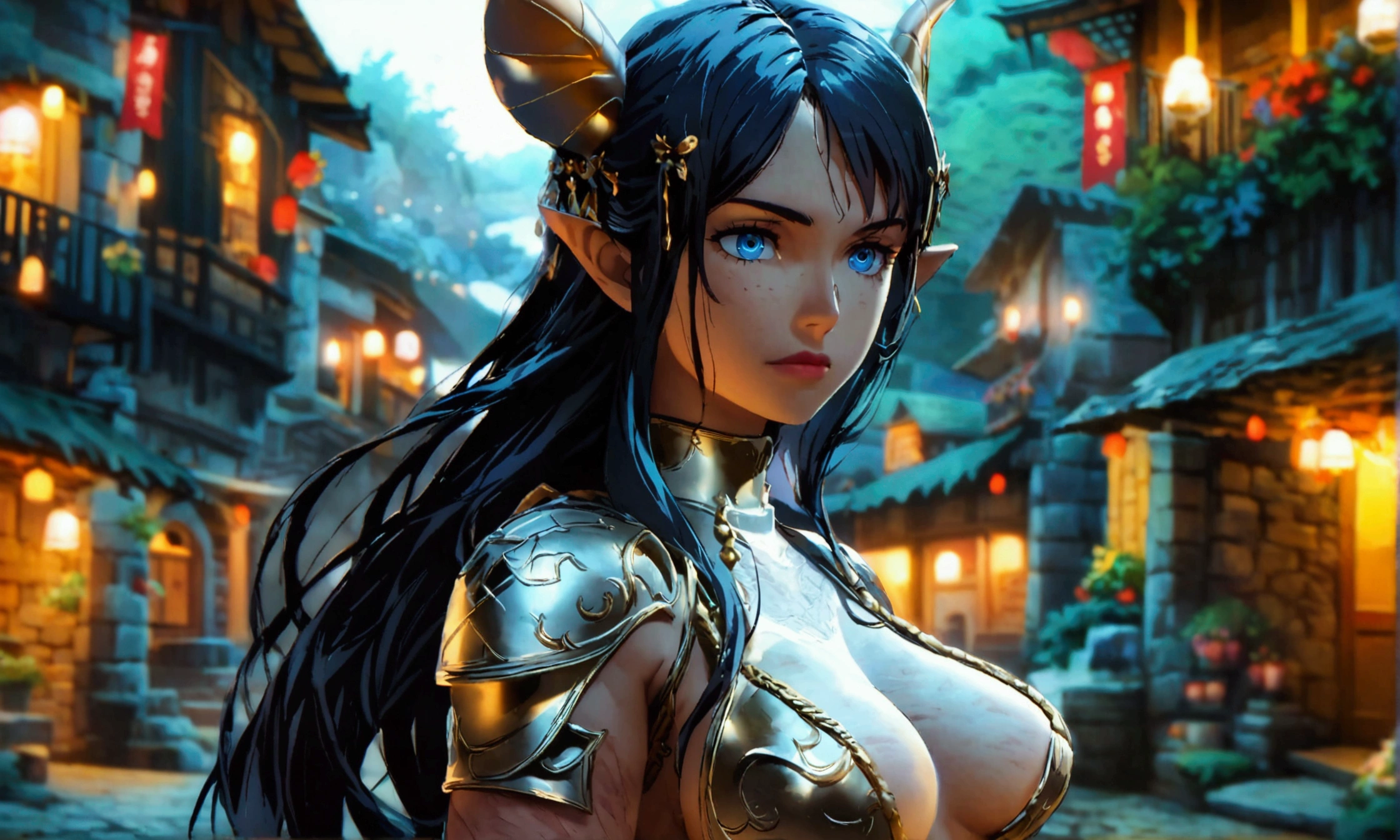 Pale woman, light blue eyes, long dark hair on one side and slightly shorter on the other, pointed ears, agile and slightly muscular physique, wearing light armor, small scars on her arms and legs, full body angle, stone village background at night, "Anime character design inspired by One Piece, full of dramatic and impressive lighting, focus on the centralized character, impressive face, full of creative details, ultra-fine 4K design, scenery bathed in creativity, boasting 2D anime resolution clarity, HD anime graphics, high-octane rendering"