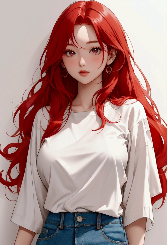 red-haired woman with long hair, with round breasts. wearing red button down, a white t-shirt and denim shorts