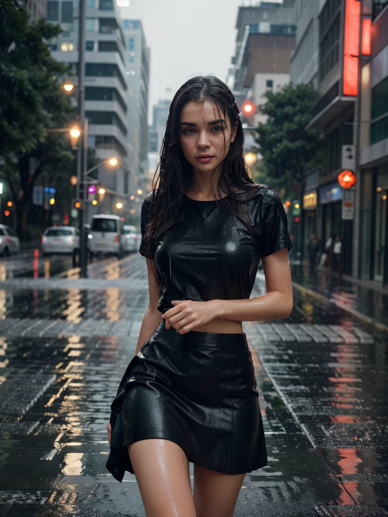 (RAW shooting, Real photos:1.5, 8ก, Highest quality, Masterpiece, Ultra high resolution), Perfect dynamic composition:1.2, Night street corner of modern city, Slim office girl wet from the rain:1.3, white skin, Sexy Beauty:1.1, perfect style:1.2, beautiful and beautiful:1.1, Very beautiful face, water droplets on the skin, (Rain falls all over my body.:1.2, wet body, Wet hair:1.4, Wet skirt:1.2, Wet shirt