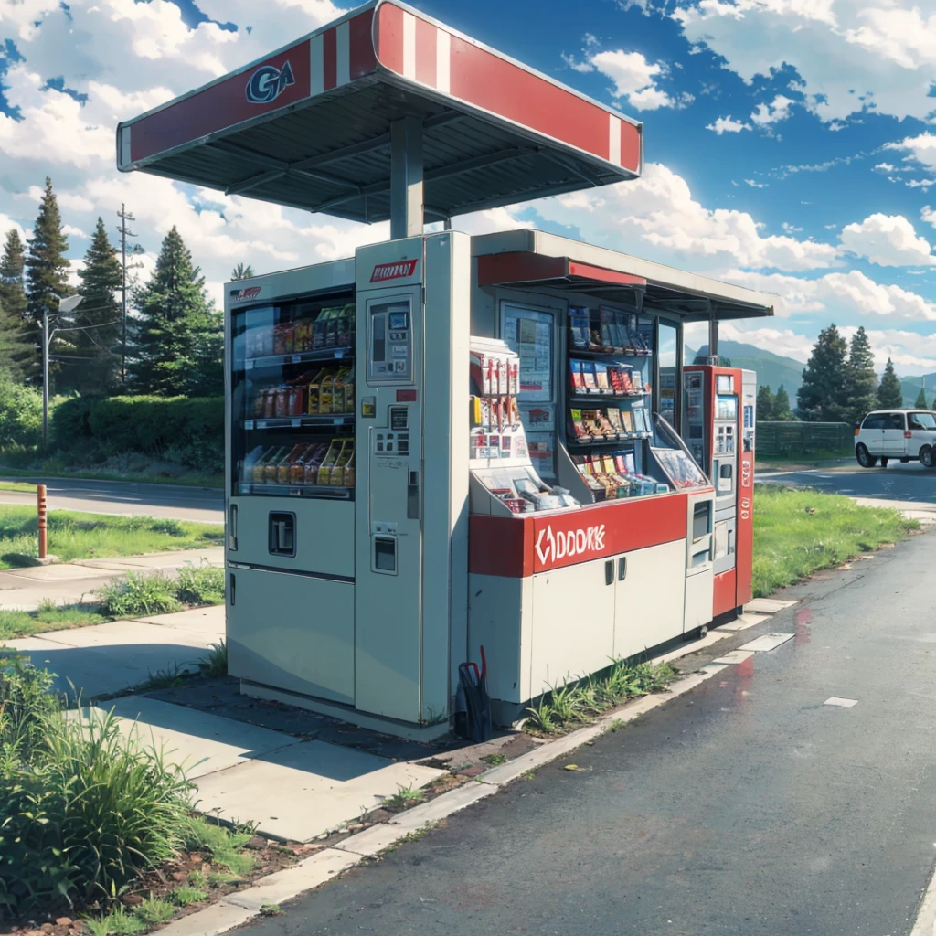 (country road)+(with cloudy sky)+(vending machine in a gas station by the road)+(Dense pine woods)