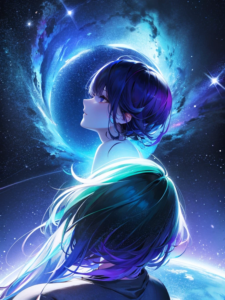 Space has beautiful stars and black holes, black, purple, blue, green.
