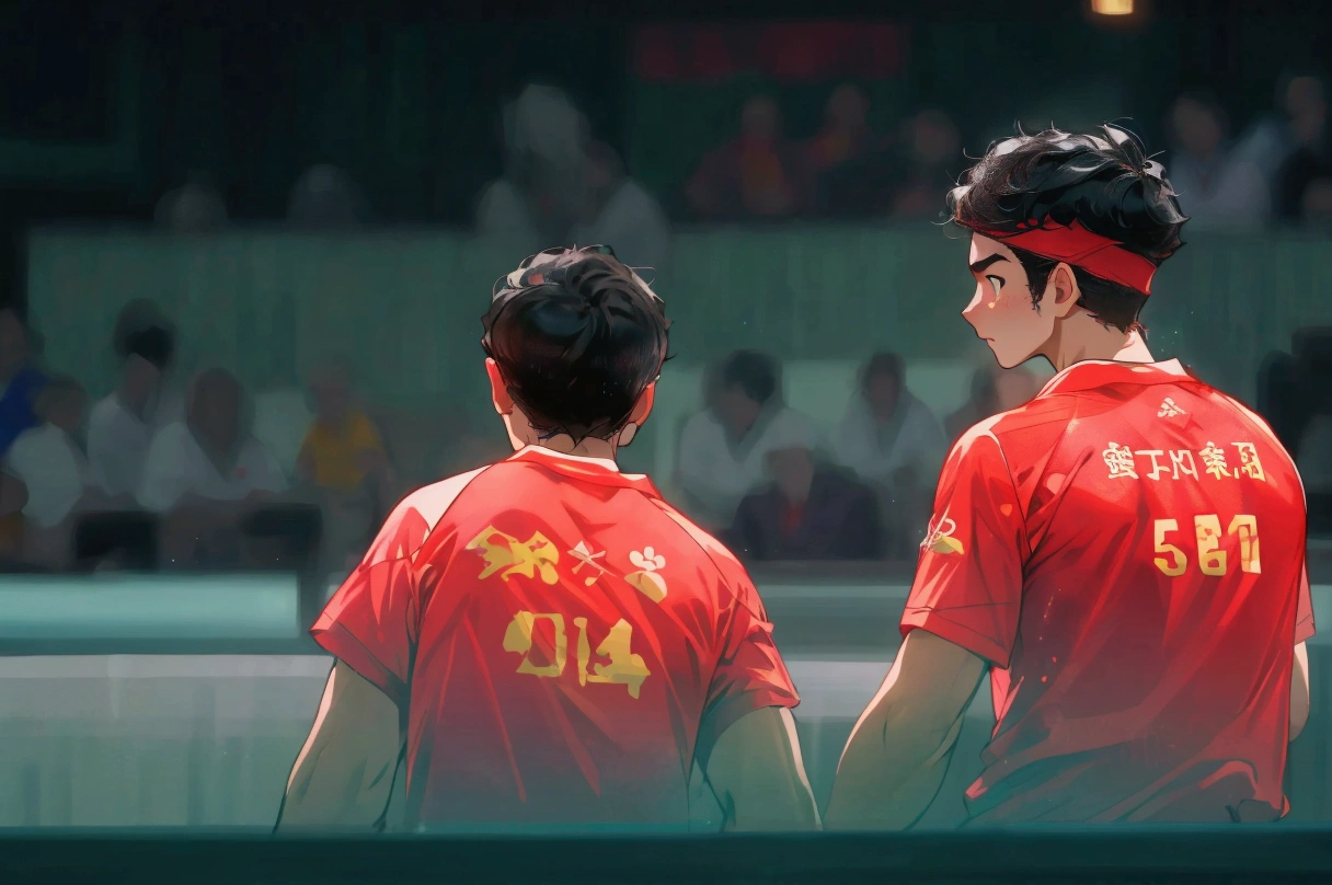 Back view of two men on the court，Delicate face，Wearing red T-shirt sportswear，Olympic Games Photos，China