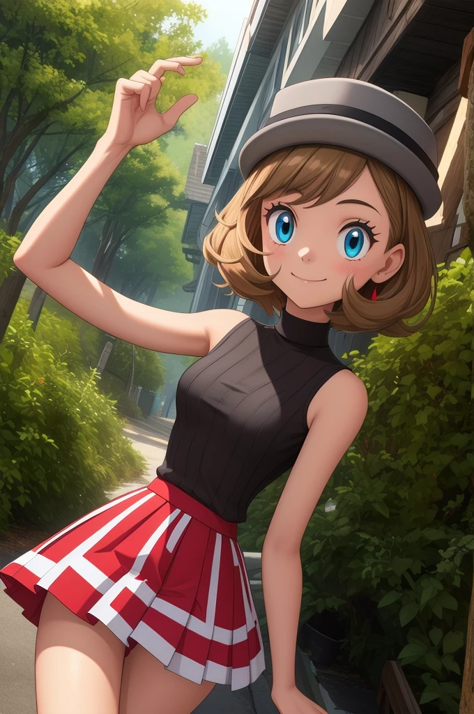 pkmnserena, 1 girl, Alone, blue eyes, by rubio, short hair, hits, has, gray hats,
black shirt, turtleneck, sleeveless, Red skirt, pleated skirt, black thighs,
smile,Closed mouth,cowboy shot,Session,
forest,exterior,
(incredibly detailed, beautiful detailed face, masterpiece, Best Quality) cinematic lighting,