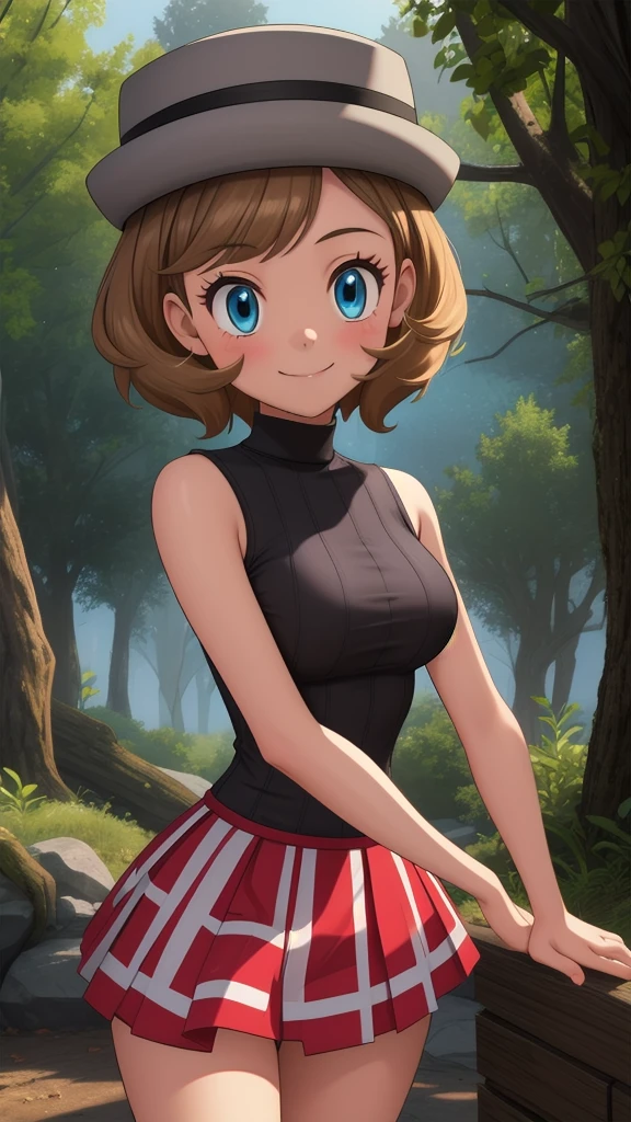 pkmnserena, 1 girl, Alone, blue eyes, by rubio, short hair, hits, has, gray hats,
black shirt, turtleneck, sleeveless, Red skirt, pleated skirt, black thighs,
smile,Closed mouth,cowboy shot,Session,
forest,exterior,
(incredibly detailed, beautiful detailed face, masterpiece, Best Quality) cinematic lighting,