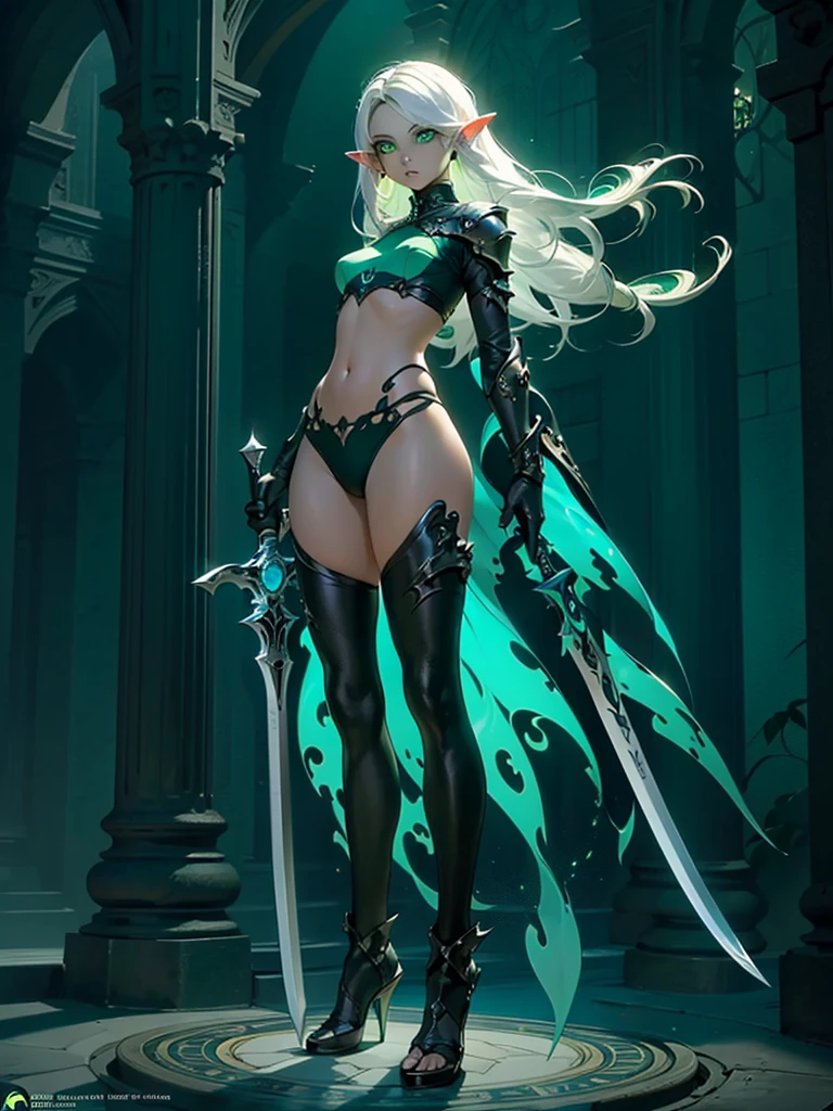 (((Masterpiece, best quality, high detailed, 8k))) Design a layout showcase Gaming character, (1girl). Long silver hair, green eyes, wearing a long flowing jade dress with high side slit, showing midriff, wielding a massive greatsword, sexy. (masterpiece:1.2), (best quality), ultra-detailed. (Step by step design, layout art:1.5), (luminous lighting, atmospheric lighting). Elf royalty. ((glove full hands)), intricate vambraces, thigh highs, thick thighs, (((full_body_shot:1.4))). The elf stands gracefully amidst dark, dense, ancient, towering trees, their leaves shimmering with a magical glow. The bikini armor, a blend of sleek metal and glowing energy lines, contrasts beautifully with the natural surroundings. Her long silver hair flows softly around her, framing her elegant face with piercing green eyes that radiate wisdom and strength. Massive greatsword she holds is pulsing with an ethereal green light.（hoang lap，A high resolution，hyper detailled），Black Soul theme, leather，Off-white，ranger，Background of details，Northern Valley，Irithyll，Cold moon，Rule of thirds，boundage，Diablo 4 style，intricate-detail，Diablo color theme，（offcial art，Beauty and aesthetics：1.2），（Dark art，erode,  fractal art：1.3），rich colourful，horryfing，highest details, (green eyes: 2), white hair with blue tips, blue colored inner hair, long hair, solo, 1girl, slim, small breasts, green flames