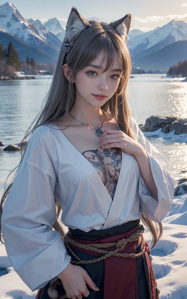 Lakeside surrounded by snowy mountains、Hair flow、 ((highest quality、masterpiece、8k、Best image quality、Ultra-high resolution、Award-winning works)、(Accurate anatomy:1.1)、(Look at me and smile:1.1)、Shining fair skin with Ultra-high resolution、The most detailed face、Ultra-high resolution detailed face、Ultra-high resolutionの髪の毛、(Ultra-high resolutionの煌めく瞳:1.1)、Beautiful face drawn in every detail、Ancient Viking clothing, Chest to chest, tattoo, A real wolf is by your side