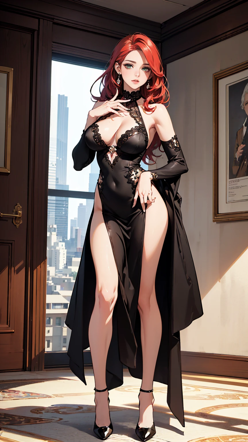 (ultra-detailed, photorealistic, best quality, 4k, 8k, highres, masterpiece:1.3), (a stunning and charismatic 50-year-old woman), (milf), mature allure, flowing red hair that is meticulously styled, and striking green eyes that captivate attention, Her hourglass body is impeccably toned, slender fit and well-defined curves, (wearing Chanel iconic "Mini black dress"), squishing cleavages, Christian Louboutin high heels, She stands confidently in a lavish, modern penthouse setting with floor-to-ceiling windows offering a view of the cityscape, Her expression is a blend of warmth and sophistication, with a touch of playful charm, The scene captures her poised stance and commanding presence, emphasizing her beauty and elegance, (intricate detail, super finely detailed hands, ultra finely detailed fingers, full body showcase, show full body:1.3),