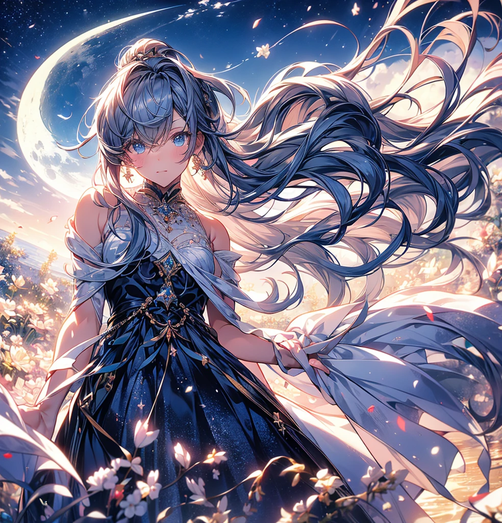masterpiece, (Highest quality: 1.2), (Super Fine: 1.2), figure, (Very delicate and beautiful: 1.2), Film Angle, floating, (Beautiful detailing: 1.1), (Detail Light: 1.1), Film Light, Delicate Sky, woman, Gray Hair, blue eyes, (High Ponytail: 1.1), Cape, Glowing Eyes, (moon: 1.2), (moonlight: 1.1), Starry Sky, (Particles of light: 1.1), fog , Snow Painting, sketch, flowering
