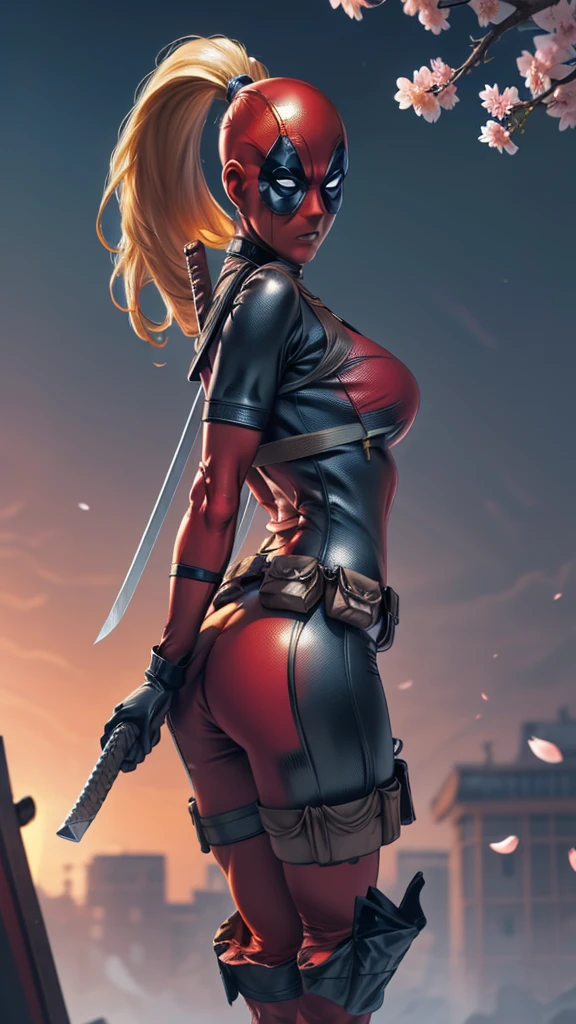 masterpiece, best quality, highres, contrapposto,
BodySuit_lady_deadpool_ownwaifu,
1girl, mask, blonde hair, ponytail, long hair, large breasts, no pupils, 
bodysuit, skin tight, superhero, belt pouch, utility belt, red bodysuit, gloves, weapon on back, thigh pouch, thigh strap, thigh holster, belt buckle,  solo, cowboy shot, looking at viewer,  walking forward with a sleiht breeze. cherry blossoms blowing in the breeze from the tree